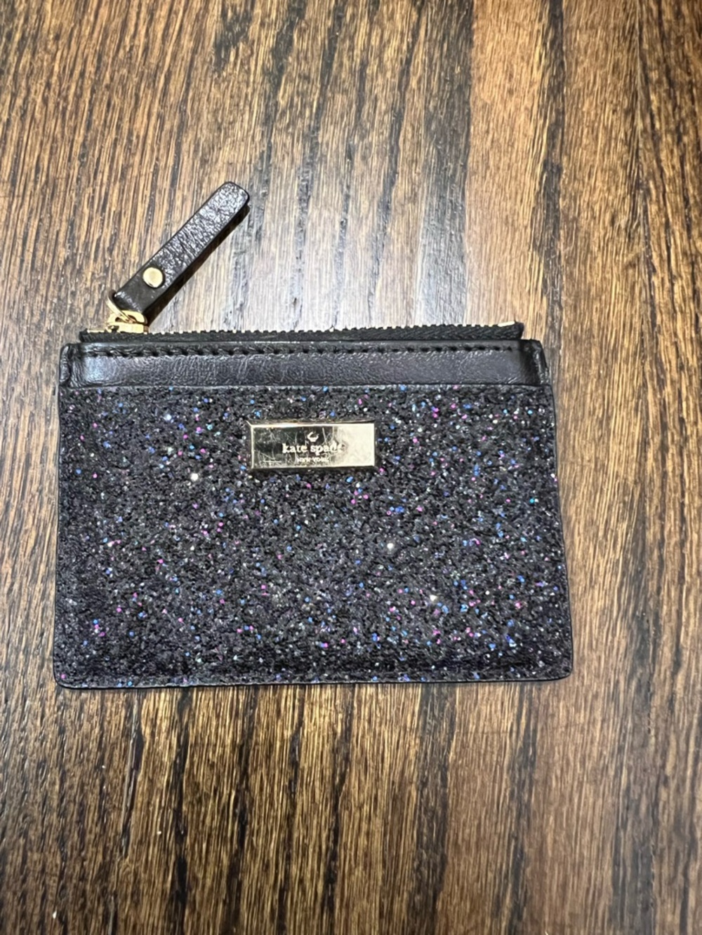 kate spade black glitter card case with multicolor sparkle